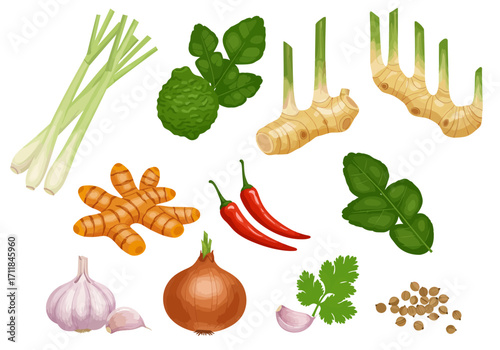 Culinary arrangement featuring vibrant Thai spices and herbs on a plain backdrop