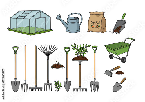 Garden tools and supplies greenhouse shovels rake compost and wheelbarrows