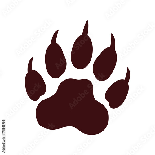 Dark red paw print with five distinct toe pads and claws on a white background Keywords: paw print, animal, track, footprint, dog, cat, bear, wild, animal, mammal, claw, claws, toe