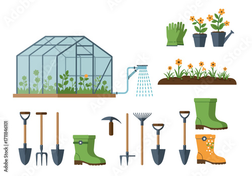 Gardening scene greenhouse tools boots plants  irrigation