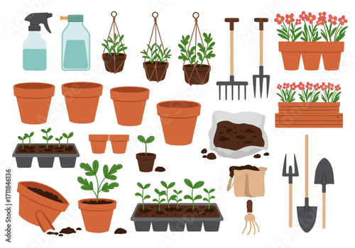 Gardening tools and plants are pictured