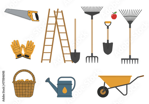 Gardening tools displayed including a saw ladder and wheelbarrow