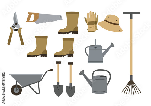 Illustration of garden tools pruning shears saw wheelbarrow shovels watering cans boots hat gloves rake