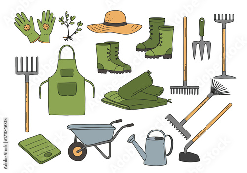 Illustration of garden items hat gloves boots rake hoe shovel apron pads wheelbarrow watering can and a small plant