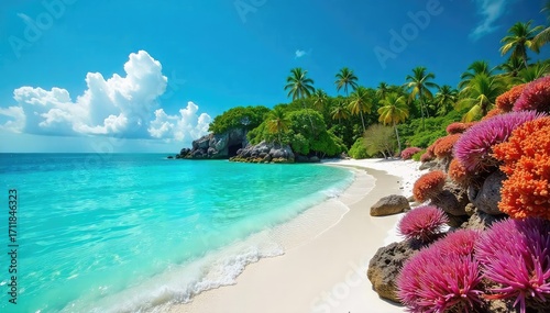 Fototapeta Naklejka Na Ścianę i Meble -  Vibrant coral reef teeming with tropical fish surrounds a lush, idyllic island paradise Crystal-clear turquoise water laps gently against the white sand beach , coral reef, paradise, vibrant