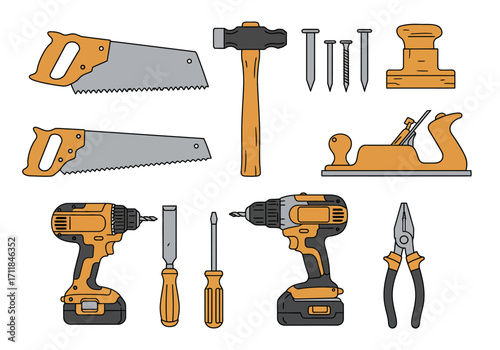 Illustration of tools including saws hammer drills nails pliers and planes