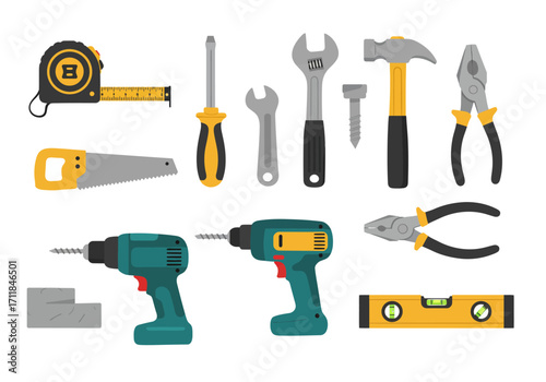 Toolkit array drill hammer saw wrenches screwdrivers pliers tape measure level and a screw arranged in rows
