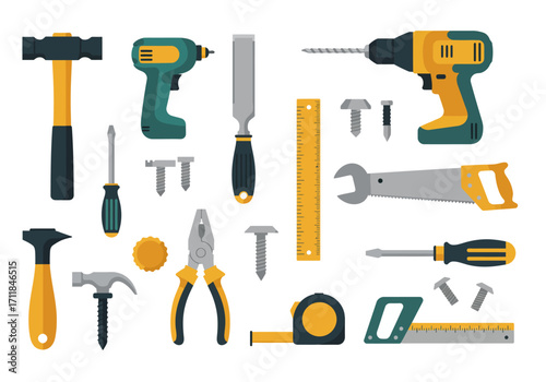 Toolkit image shows hammers drills ruler saw pliers screwdrivers screws tape measure chisel and more