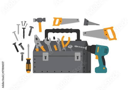 Toolbox with hammer saws screwdrivers wrenches screws and a drill