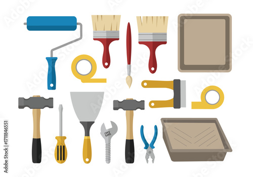 Tools A paint roller brushes hammers putty knife wrench screwdriver pliers tape and paint trays
