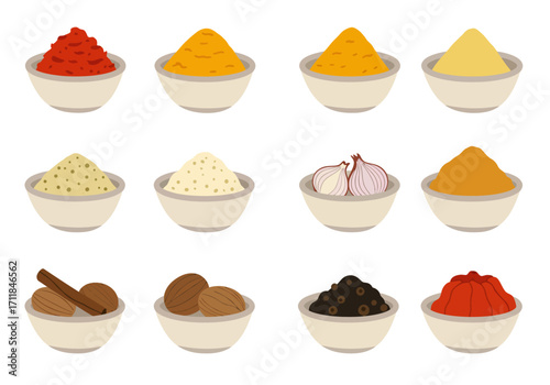 Twelve bowls with spices garlic cinnamon and nuts are arranged in a 3x4 grid