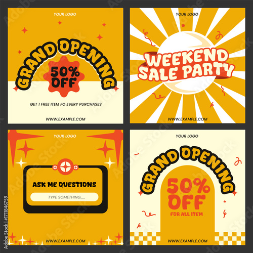 Hand drawn instagram post collection template with retro graphic element for grand opening
