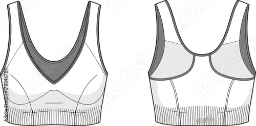 Modern seamless sports bra design front and back view, activewear fashion illustration, comfortable fitness lingerie, stylish women underwear template vector