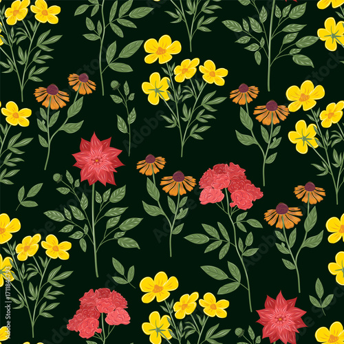 Flowers vector seamless pattern with dahlia, buttercup, carnation, rose and coreopsis, helenium. Hand-drawn botanical illustration, perfect for fabric textile design and backgrounds.