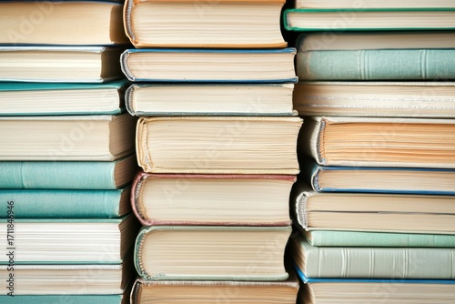 A close-up view of neatly stacked books, showcasing various colors and textures of their spines.