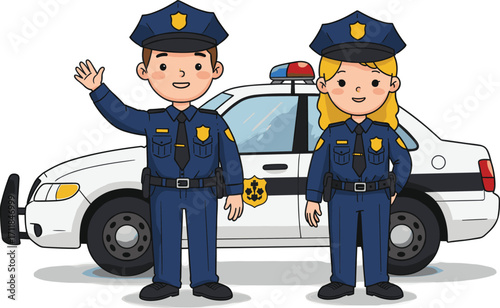 Male and female police officers, cartoon illustration, law enforcement, patrol car, justice, teamwork, authority, security, public safety, crime prevention