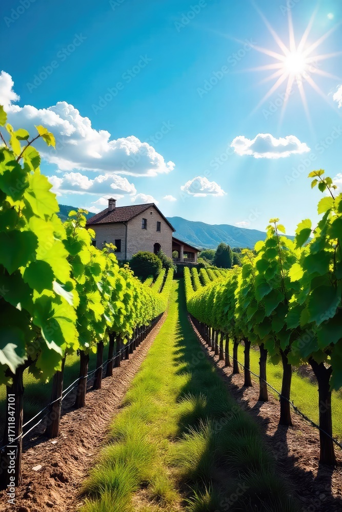 Naklejka premium Sun-Drenched Grapevines Stretching Towards a Rustic Winery Under a Vibrant Blue Sky A Picturesque Vineyard Scene Ideal for Wine Labels, Tourism Brochures, and Advertising