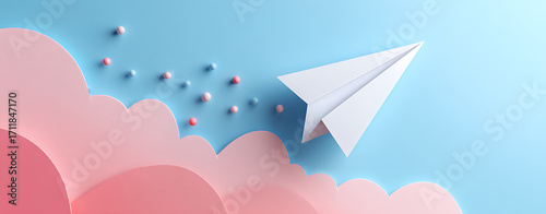 Creative Paper Airplane Flying Through Soft Pink and Blue Clouds in a Serene Sky During Daylight