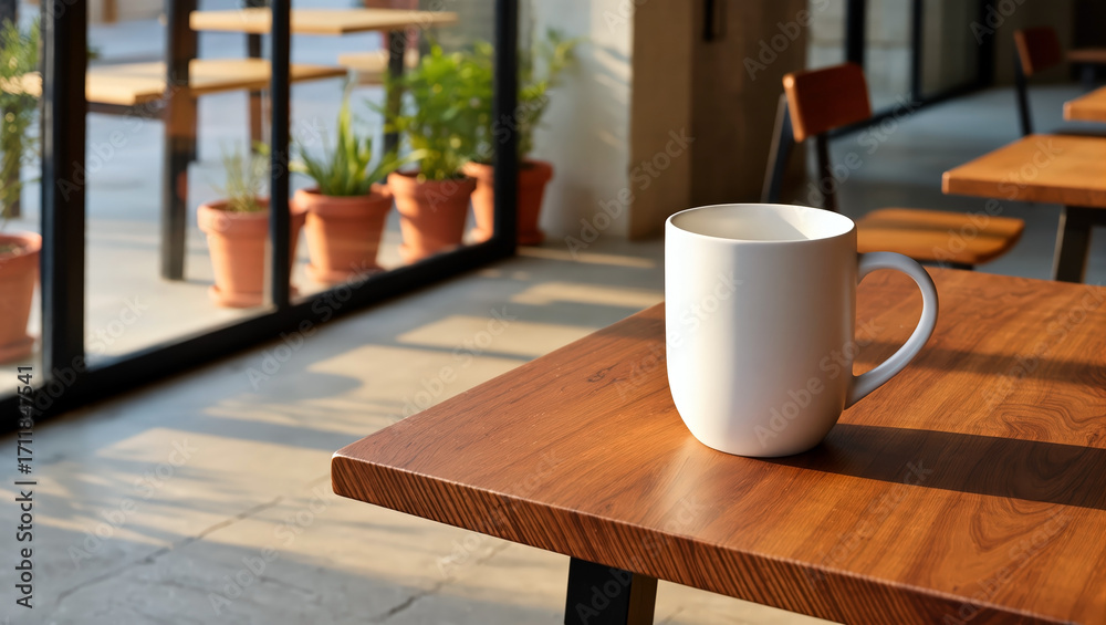 Fototapeta premium White ceramic mug on wooden café table near window with sunlight, simple hot drink container in modern coffee shop interior. Warm morning atmosphere