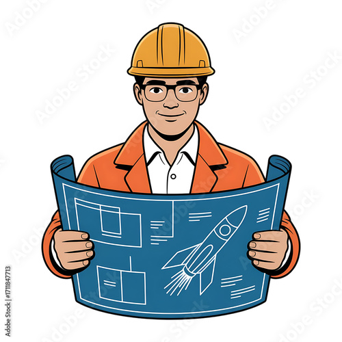 Engineer holding rocket blueprint with safety helmet and orange jacket in a design studio setting