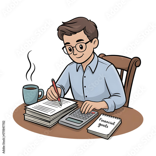 Young man calculating financial goals while enjoying coffee at a desk