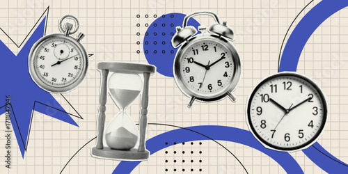 Vintage collage cut out clocks in halftone effect. Concept time, time management, deadline.