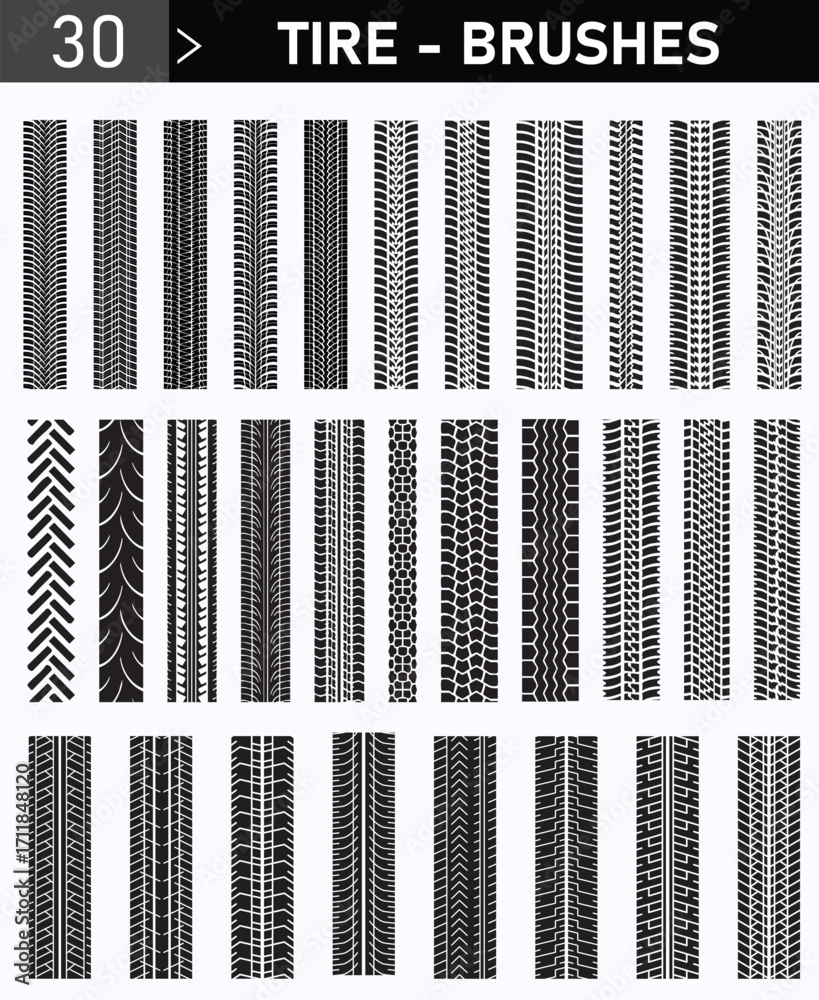 Set of 30 Tire Track Brushes for Photoshop and Illustrator - Grunge, Off-Road, and Patterned Tyre Tread Designs
