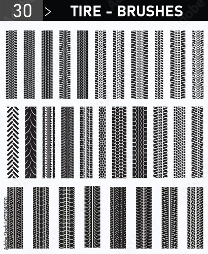 Set of 30 Tire Track Brushes for Photoshop and Illustrator - Grunge, Off-Road, and Patterned Tyre Tread Designs