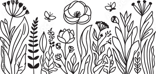 Black and white floral vector illustration: botanical garden line art eps silhouette