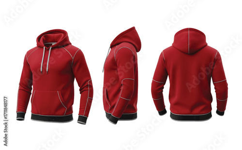 Dynamic Red Pullover Hoodie Mockup in Three Views Front, Side, Back