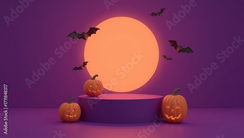 Halloween pumpkins and bats on purple platform
