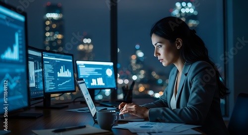 Woman works late office.