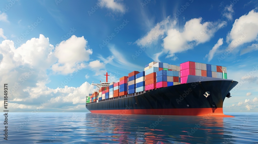 Fototapeta premium Global Trade in Motion: Massive Sea Logistics Container Cargo Ship – A Large Cargo Vessel Laden with Stacked Shipping Containers (Blue, Red, Yellow) Sailing Across the Open Sea