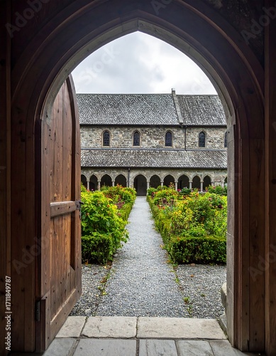 Archway to a cloistered courtyard garden