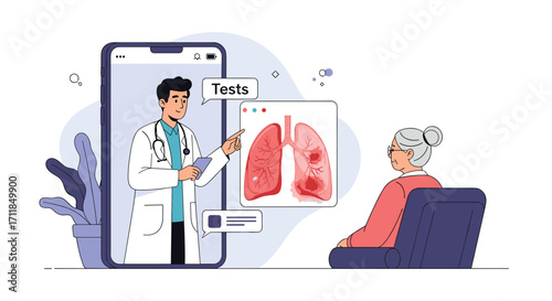 Doctor discussing lung health and test results with a patient online.