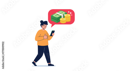 A person looks at their phone with a thought bubble showing money and coins.