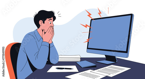 Shocked man looking at a computer screen with error messages.