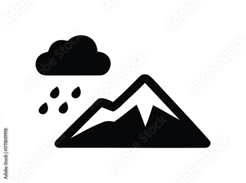 Mountain landscape with rain cloud and falling raindrops icon. vector illustration of a mountain icon