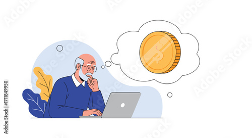 Elderly man thinking about financial freedom and retirement planning on his laptop.