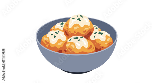 A bowl of delicious golden brown fried savory dough balls topped with creamy white sauce and fresh green herbs.