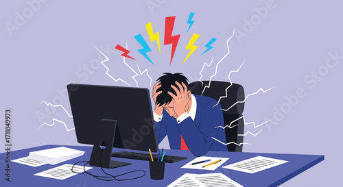 Overwhelmed businessman experiencing intense stress and pressure at work.