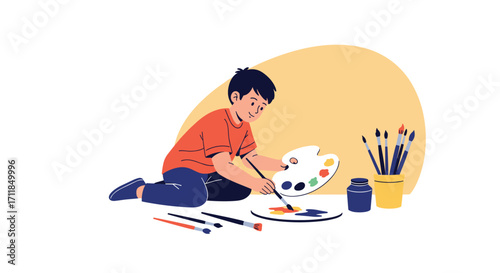 A young boy happily paints a picture on an art palette.