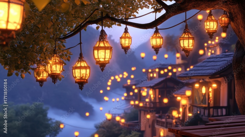 Obraz premium A hidden village in the clouds, glowing lanterns, magical ambiance