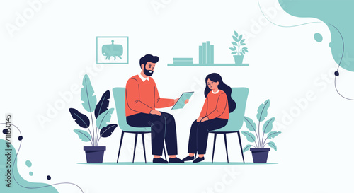 A psychologist talks to a patient about mental health support and therapy.