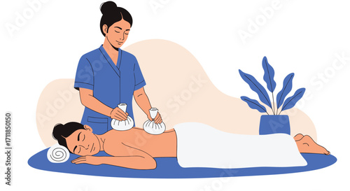 A relaxing herbal compress massage for stress relief and wellness.