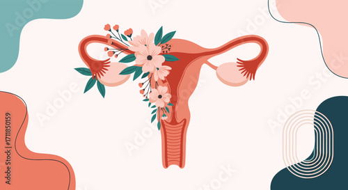 A beautiful uterus adorned with delicate pink and white flowers and greenery.