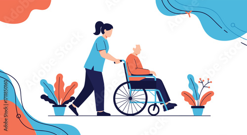 Dedicated caregiver assisting an elderly person in a wheelchair with compassion and professionalism.