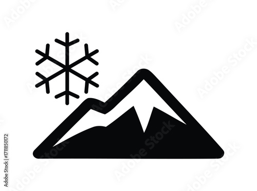 Snowflake icon above mountain peak silhouette