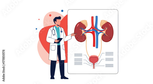 A doctor explaining the human urinary system anatomy and function.