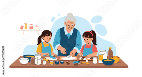 Grandmother and two children baking together in a kitchen